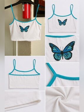Fashion Nova White Crop Cami with Turquoise Butterfly Trim